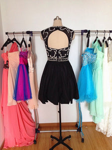 Jewel Homecoming Dresses Adison Satin A Line Sleeveless Pleated Appliques Beading Black Short