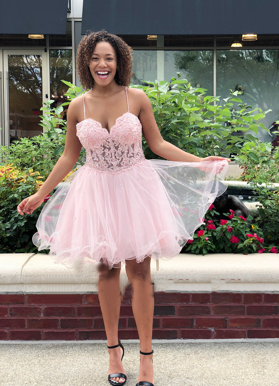 Spaghetti Straps Pink Lace Homecoming Dresses Kara A Line Sweetheart Organza Pleated Sexy
