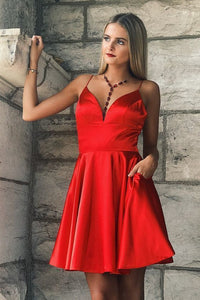 Spaghetti Straps V Neck Sexy A Line Juliette Satin Homecoming Dresses Red Pleated Short