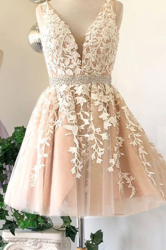 Deep Homecoming Dresses Janey A Line Ivory Lace V Neck Sleeveless Tulle Appliques Pleated