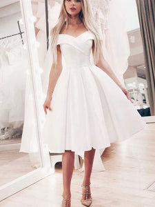 Ivory Satin Homecoming Dresses A Line Braelyn Off The Shoulder Pleated Knee Length