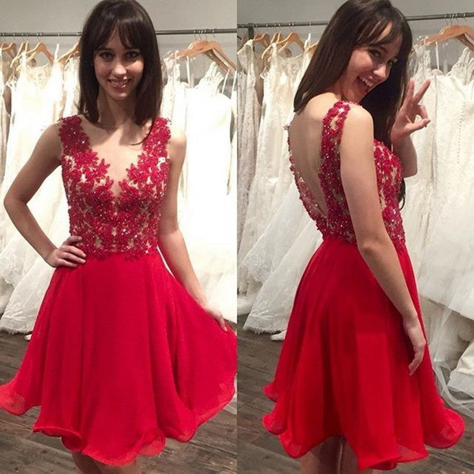 Sheer Red Appliques Organza Pleated Backless Short A Line Payton Homecoming Dresses Sleeveless