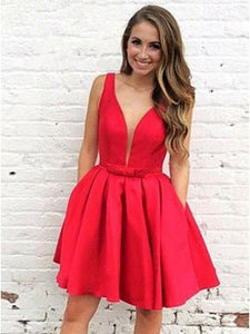 Sleeveless Red Pleated Deep V Homecoming Dresses A Line Saniya Satin Neck Short Simple Sexy
