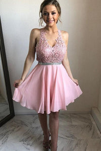 Appliques Sleeveless Homecoming Dresses Pink Taliyah Lace A Line Chiffon V Neck Short
