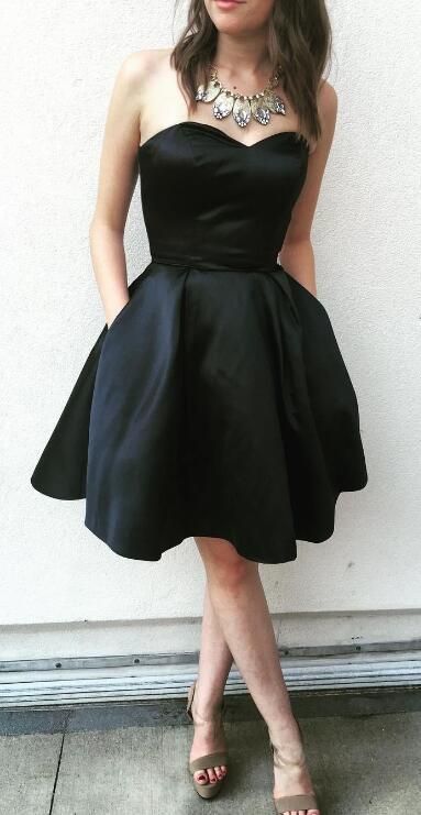 Black Strapless Sweetheart Pockets Kelsey A Line Homecoming Dresses Satin Backless Pleated