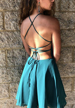 Load image into Gallery viewer, Halter Criss A Line Chiffon Gladys Homecoming Dresses Cross Teal Backless Appliques Short Pleated