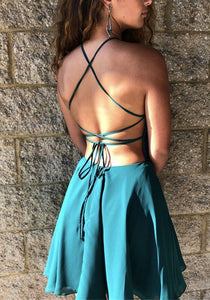 Halter Criss A Line Chiffon Gladys Homecoming Dresses Cross Teal Backless Appliques Short Pleated