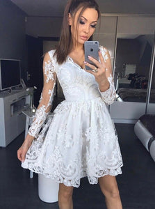 Long Sleeve White Deep V Neck Pleated Sheer Lucille Lace Homecoming Dresses A Line Short