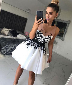 Sheer Straps Appliques A Line Jadyn Homecoming Dresses Satin White V Neck Pleated Short
