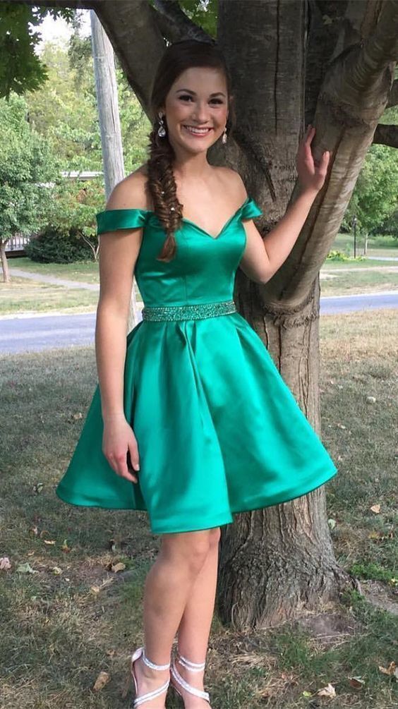 Homecoming Dresses Karly Satin A Line Jade Off The Shoulder Pleated V Neck Beading Short