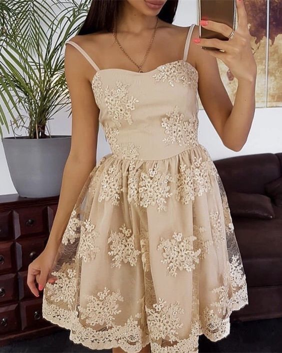 A Line Kate Homecoming Dresses Ivory Lace Spaghetti Straps Sweetheart Flowers Pleated