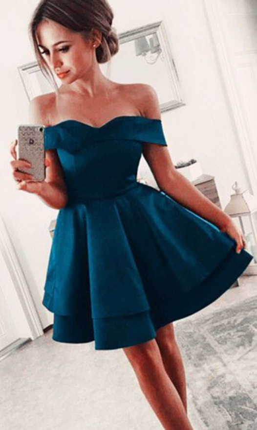 Off The Shoulder Tiered A Line Satin Halle Homecoming Dresses Pleated Short Elegant Tiered