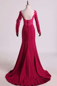 2022 Long Sleeves Prom Dresses Spandex Mermaid With Applique Burgundy/Maroon