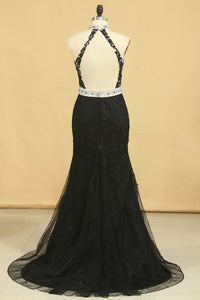 2022 Black Plus Size Prom Dresses Mermaid High Neck Open Back Tulle With Applique & Rhinestones
