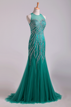 Load image into Gallery viewer, 2022 Scoop Mermaid Tulle Prom Dresses Fully Beaded Bodice Sweep Train