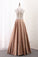 2022 Satin Scoop A Line With Beads Sweep Train Prom Dresses