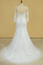 Load image into Gallery viewer, 2022 Plus Size Mermaid Open Back Wedding Dresses 3/4 Length Sleeve Tulle With Applique