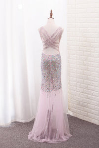 2022 Tulle Mermaid V Neck Prom Dresses With Beading Sweep Train