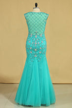 Load image into Gallery viewer, 2022 Plus Size Scoop Mermaid Prom Dresses Beaded Bodice Tulle Floor Length