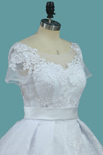 Load image into Gallery viewer, 2022 Mermaid Tulle Scoop Short Sleeve Wedding Dresses With Applique And Sash Sweep Train