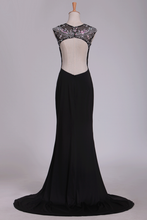 Load image into Gallery viewer, 2024 Spandex Scoop With Beads And Slit Open Back Sheath Prom Dresses Sweep Train