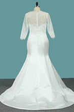 Load image into Gallery viewer, 2024 Bateau Mermaid 3/4 Length Sleeves Satin Wedding Dresses Court Train Detachable