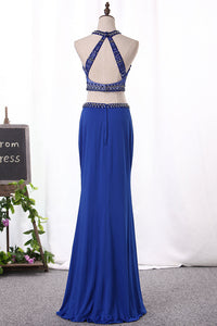 2024 Mermaid Spandex Prom Dresses Two-Piece Scoop With Beading