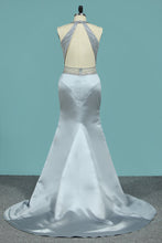 Load image into Gallery viewer, 2024 Open Back Prom Dresses Mermaid Scoop Satin With Beaded Bodice