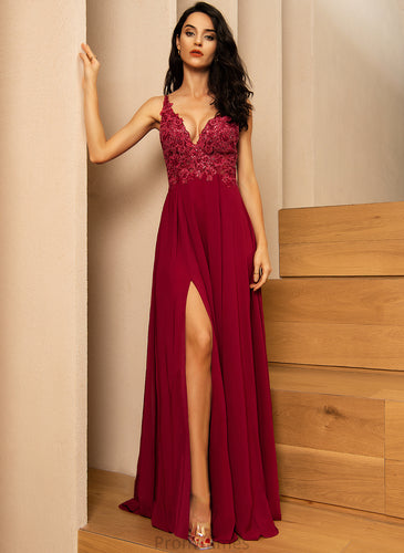 A-Line With Lace Floor-Length Sequins V-neck Chiffon Khloe Prom Dresses