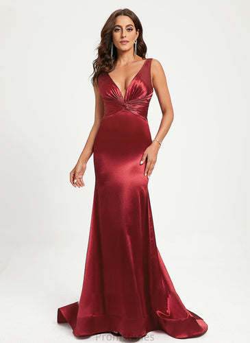 Trumpet/Mermaid Satin Train Pleated With Kaley V-neck Sweep Prom Dresses