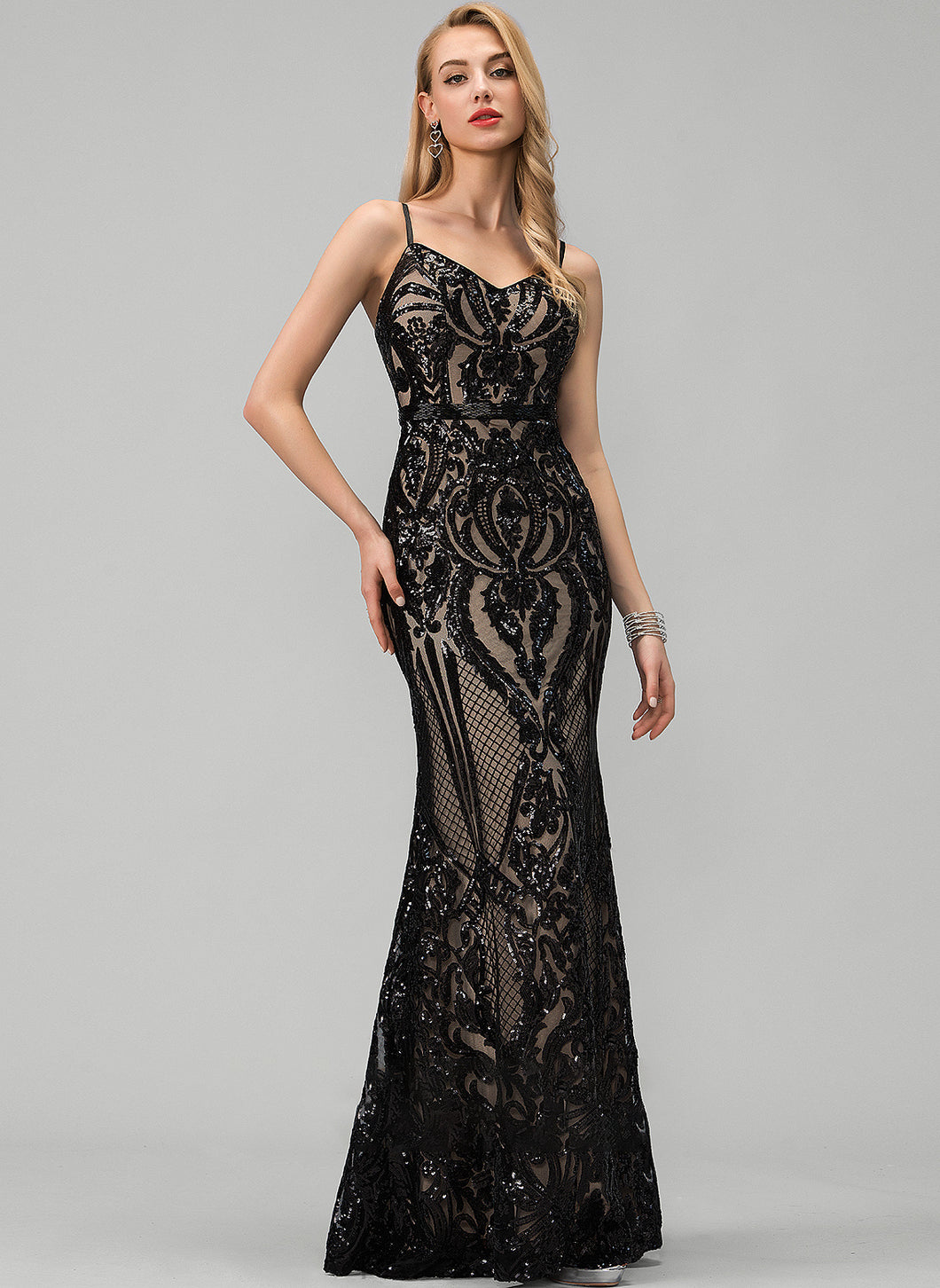 Floor-Length Prom Dresses Sequined V-neck Leyla With Sequins Trumpet/Mermaid