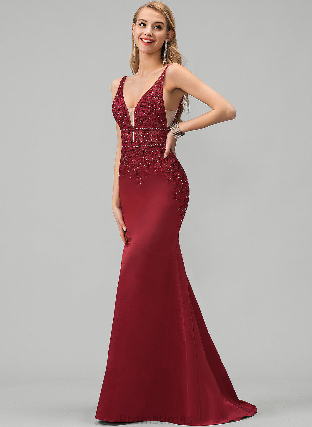 Train Prom Dresses Satin Trumpet/Mermaid Beading Sweep V-neck Annabella Sequins With