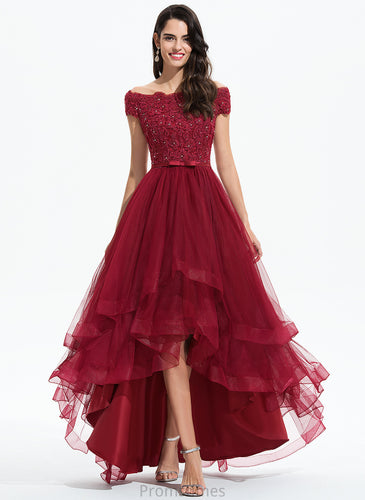 Asymmetrical Wedding Chasity Off-the-Shoulder Dress Wedding Dresses Tulle With Bow(s) Sequins A-Line Lace Beading