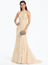 Load image into Gallery viewer, Tulle Sequins Prom Dresses Scoop Train Sandra Neck Trumpet/Mermaid With Sweep