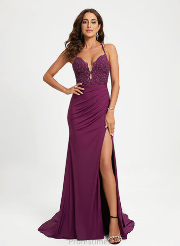 Eden Sequins Trumpet/Mermaid Train Jersey Beading Prom Dresses With V-neck Sweep