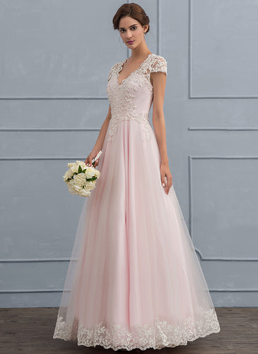 Wedding Ball-Gown/Princess With Sequins V-neck Floor-Length Wedding Dresses Valentina Lace Beading Dress Tulle