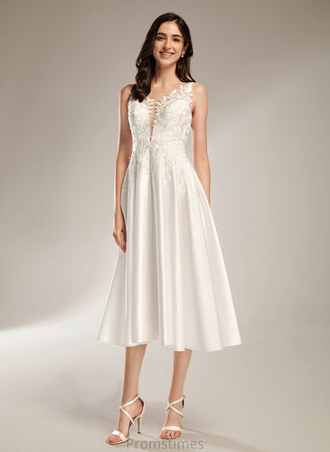 Satin Wedding Dress V-neck Lace Ursula Wedding Dresses A-Line Tea-Length