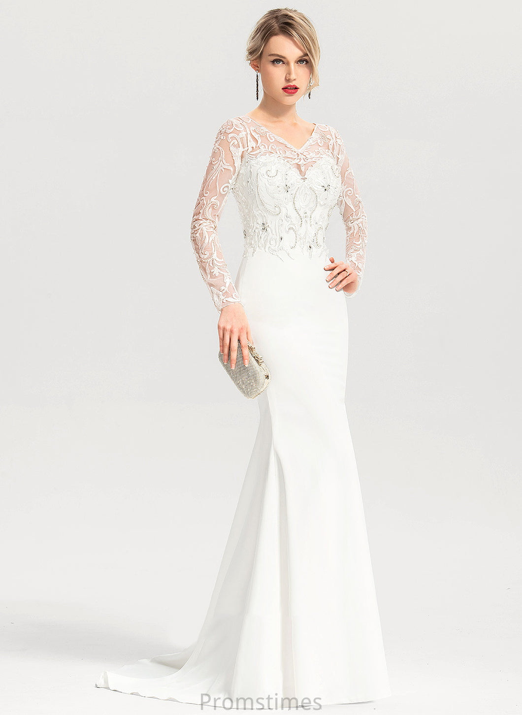 Wedding Stretch With Beading Trumpet/Mermaid Wedding Dresses Ali Dress Crepe Train Sweep V-neck Sequins Lace
