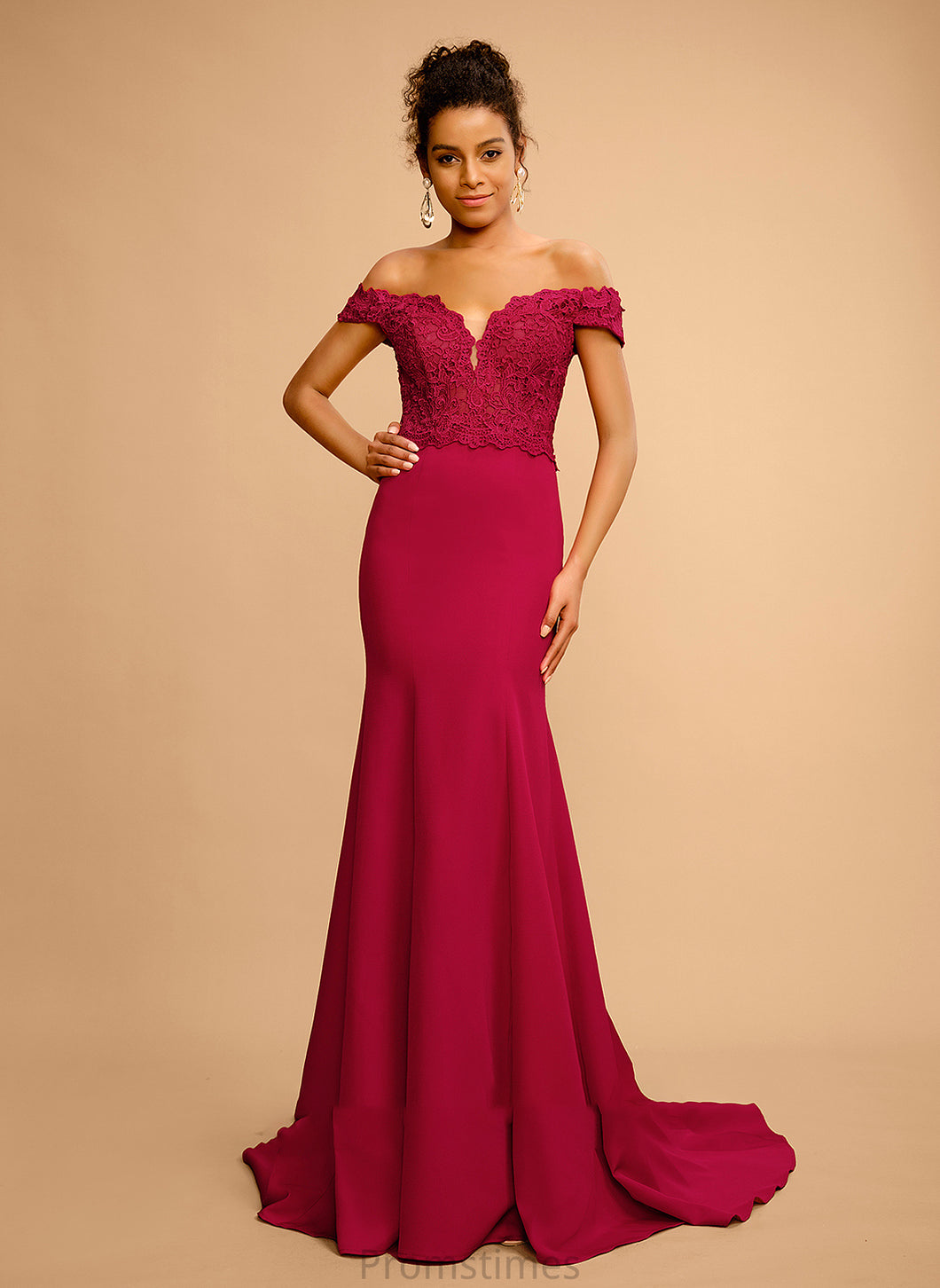 Off-the-Shoulder With Floor-Length Sequins Maya Stretch Prom Dresses Trumpet/Mermaid Crepe