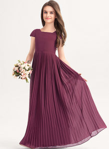 Junior Bridesmaid Dresses Neckline A-Line Shaniya With Chiffon Bow(s) Lace Square Pleated Floor-Length