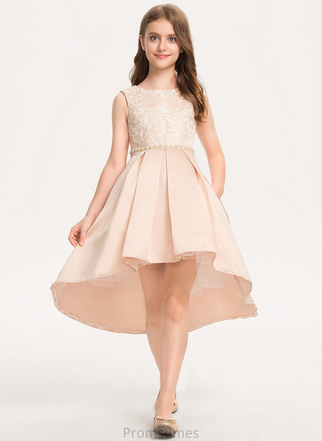 With Scoop Junior Bridesmaid Dresses Neck Asymmetrical A-Line Pockets Ansley Lace Satin Beading