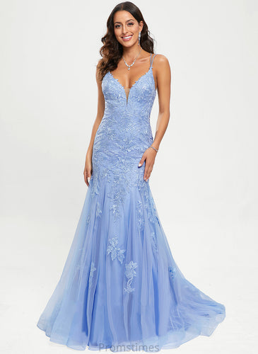 Train Prom Dresses Sequins Sweep With Tulle Lace Delilah V-neck Trumpet/Mermaid