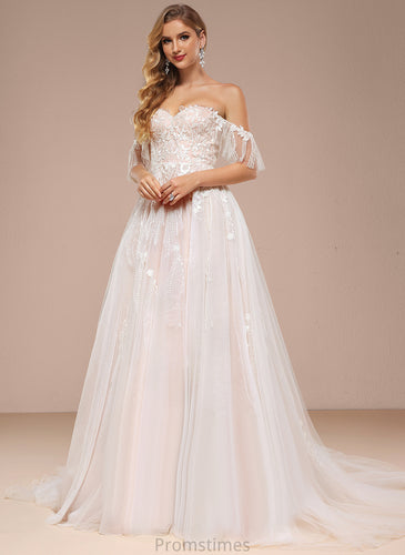 Wedding Sweetheart Sequins Wedding Dresses Dress Lace Off-the-Shoulder Tulle Train Court With Dana Ball-Gown/Princess Ruffle