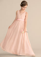 Load image into Gallery viewer, V-neck Ruffle With A-Line Kaylin Chiffon Junior Bridesmaid Dresses Bow(s) Floor-Length