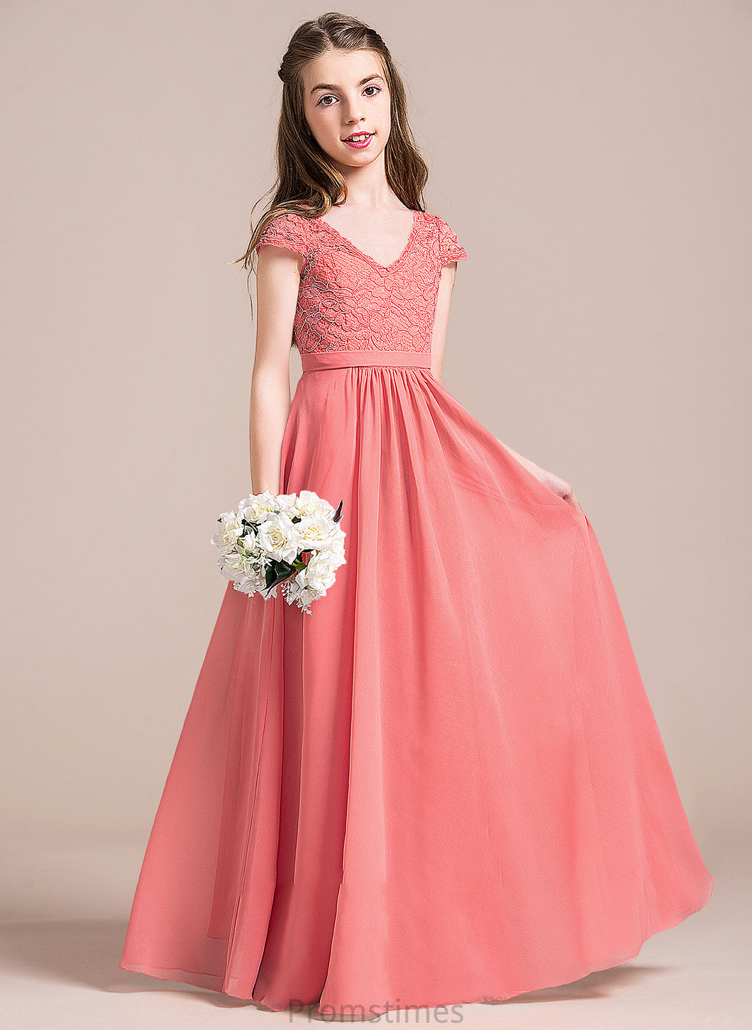 A-Line Junior Bridesmaid Dresses Floor-Length Chiffon Lace V-neck Joselyn