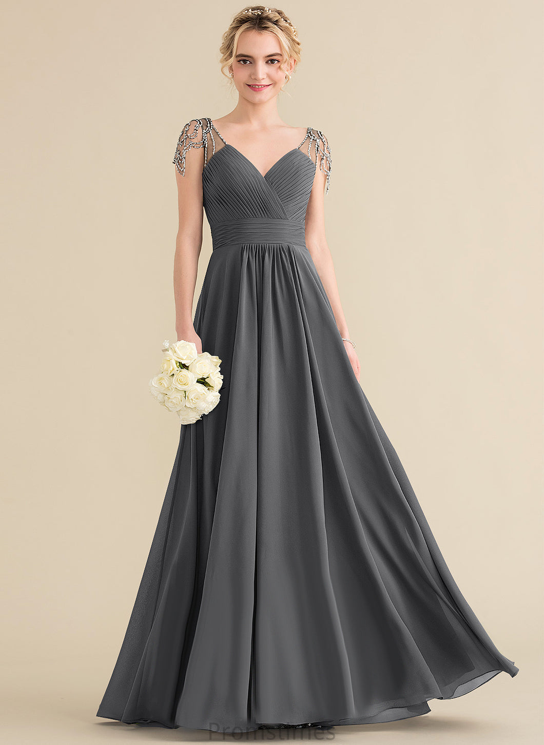 Neckline Embellishment Silhouette Floor-Length Sequins Pleated Fabric Beading Length V-neck A-Line Amanda Bridesmaid Dresses