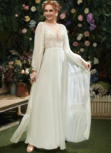 Wedding Split With Front V-neck Chiffon Sequins Lace Estrella Dress Floor-Length Wedding Dresses A-Line
