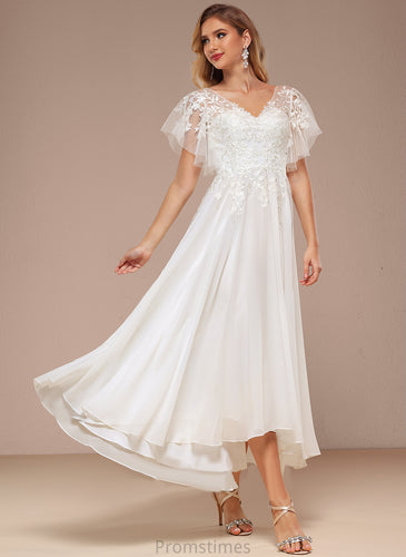 Dress Lace Ruffle A-Line Tulle Wedding Dresses Chasity With V-neck Wedding Asymmetrical