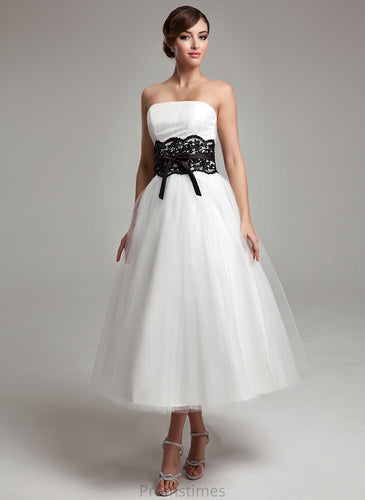Tulle Wedding Dresses Frances Sash Satin Beading Ball-Gown/Princess Tea-Length Strapless Wedding Lace Bow(s) Dress With