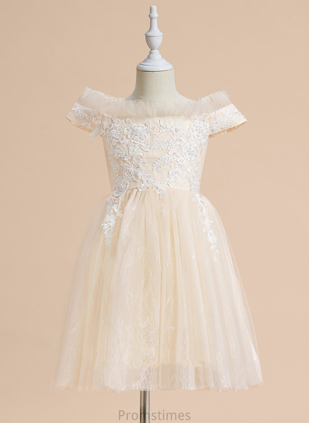 - A-Line Flower Girl Knee-length Lace Flower Girl Dresses Off-the-Shoulder Sleeveless Dress Tulle With Kendal
